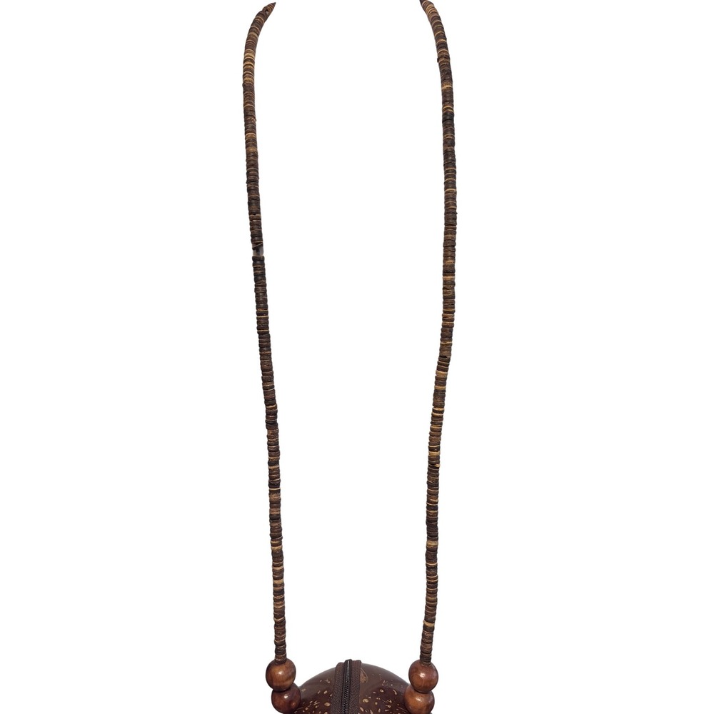 Coconut Shell Crossbody Bag 18" round Brown Painted Tropical Excellent - Picture 10 of 10